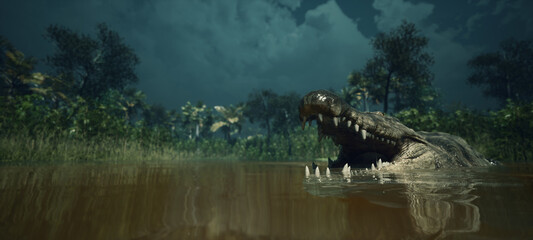 wildlife and large crocodile. swims in the dirty river. - 409452146