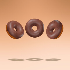 3d render fashion collage abstract scene. Chocolate donuts in beige caramel space.  Donut lover concept. Minimalistic creative food style modern art.