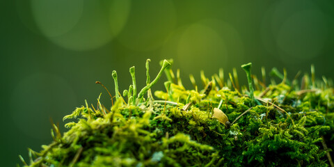 Beautiful closeup of small lichen growing on the forest froor in spring. Natural scenery with...