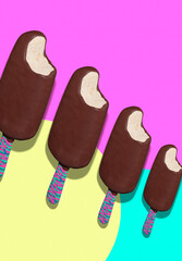 3d render fashion collage abstract scene.  Chocolate ice cream in creative colorfull space. Minimalistic food style modern art.