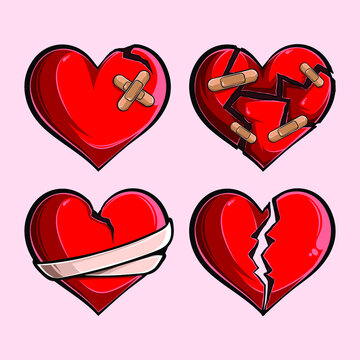 Romantic red broken hearts set, broken stuck shattered, cut out torn and roping hearts