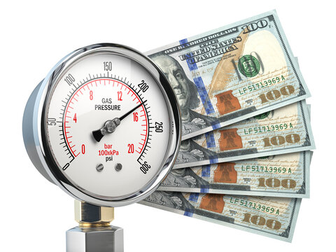 Gas pression gauge meter with dollar banknotes. Gas price and heating costs payment concept.