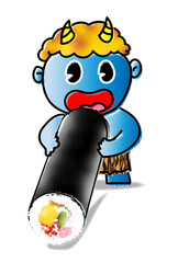 節分　恵方巻を食べる青鬼