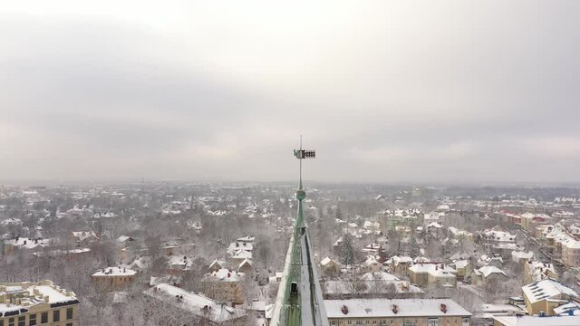 Aerial: The tower of Kaliningrad Puppet Theatre in the wintertime