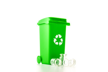 Trash recycle. Bin container for disposal garbage waste and save environment. Green dustbin for recycle glass can trash isolated on white background.