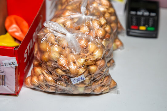 packages of onion seeds family on a shelf in a gardening store in Belarus Minsk January 27, 202. preparation for spring sowing. agriculture concept