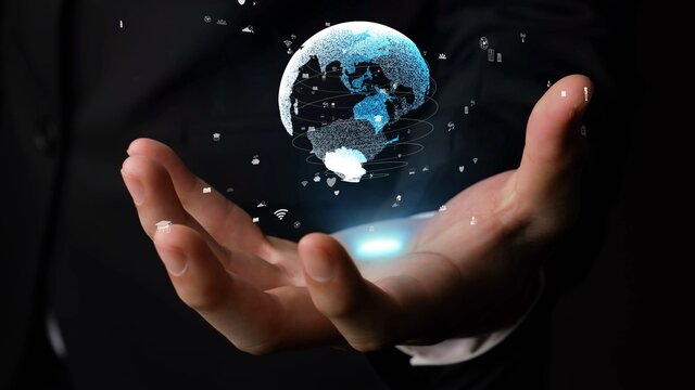Human hand holding earth globe holographic technology . Futuristic visualization for virtual reality and augmented reality .
