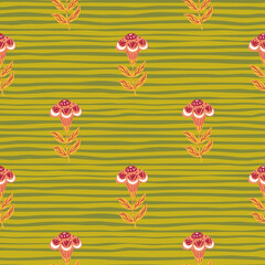 Nature vintage seamless pattern with pink folk flowers ornament. Green striped background. Blossom artwork.