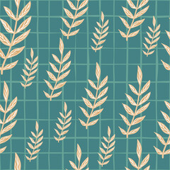Pastel tones random beige vintage branches ornament seamless pattern. Turquoise chequered background.