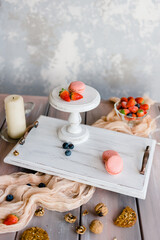 Strawberries on a cake stand. Homemade healthy breakfast and romantic dessert.