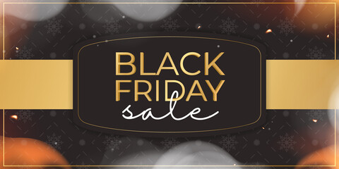 Black Friday sale banner. Black and gold, lettering. Realistic frame made of fire and smoke. Vector