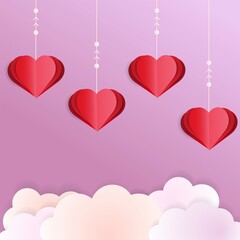 Valentine's day greeting card. 3d red paper hearts with clouds. Cute love banner or Valentines. Vector illustration.