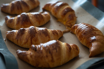 Fresh tasty croissants. Breakfast meal. Top view flat lay