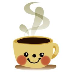 a cute coffee mug is steaming with smiling, cafe, logo, cafe decors, cafe, mug, coffee, drink, mug, tea, white, cafe, hot, beverage, isolated, black, breakfast, caffeine, espresso, brown, illustration