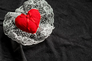 red heart white tulle on black background gry background valentines