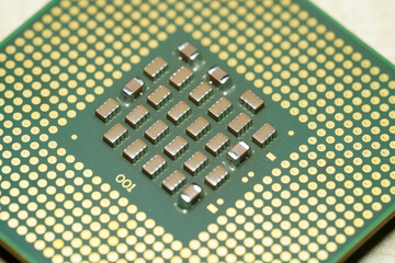 Base view of CPU or central processing unit details macro shot.
