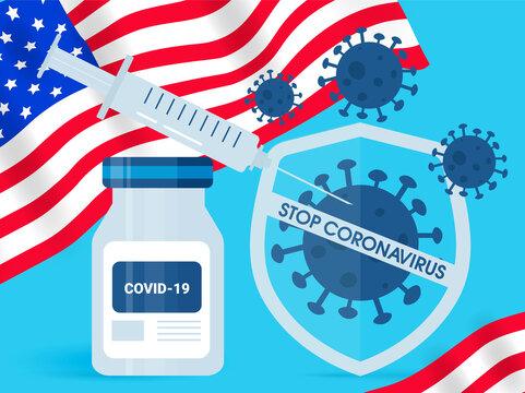 Vaccine With The Flag Of The United States. Stop The Coronavirus. Web Banner Template. Protection Against Covid - 19.