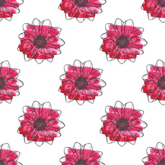 summer pattern. floral background. doodle illustration of flowers on watercolor red blot