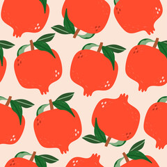 Juicy red Pomegranates, green leaves. Fresh tasty fruits. Hand drawn colored Vector illustration. Square seamless Pattern. Background, wallpaper. Perfect for textile prints or wrapping paper