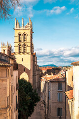 Gros plan sur les tours de la Cathédrale Saint-Pierre de Montpellier (Occitanie, France)