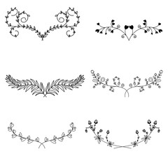 Floral ornamental doodle dividers, vintage hand drawn tribal arrow and calligraphic deco border vector set isolated on white background. Vector Illustration EPS 10