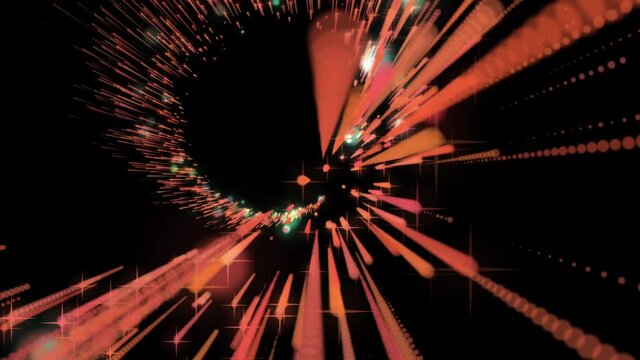 Isolated black background. Abstract particles of real fireworks background, top view. Fireworks of particles in the form of red lines, fireworks with bokeh lights in the night sky. 3D illustration.