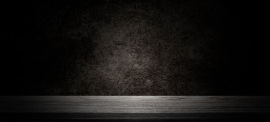 Empty wooden table on cement wall dark background,perspective wooden floor shelf table,used as a studio background wall to display your products.