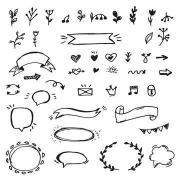 Vector set of hand drawn arrows, flowers, bubbles, frames and decorative elements. doodle set.