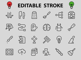 KITCHEN ICON Cooking process, Kitchen tools, Icon set, thin line vector has a blender, oven, knife, grater, barbecue, apron, barbecue, grill, coffee machine, kitchen glove, Editable stroke