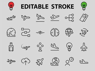 A simple set of airport related vector line icons. Contains badges such as departure, boarding, waiting time, boarding, find a place to travel tickets, and much more. Editable stroke. 48x48 pixels