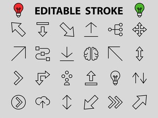Set of line arrows, directions, arrows, contains icons such as pause, continuation, directly, to the right, Editable stroke. 480x480, On a white background, Vector illustration