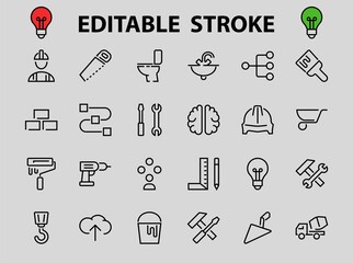 Set of construction icons, simple vector lines, contains the following icons: builder, roller, hammer with wrench, toilet bowl and much more. Editable stroke. 48x48 pixels perfect, white background