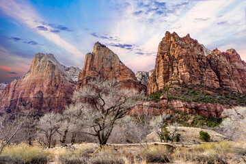 USA, The Three Patriarchs rocks at Zion National Park in January.