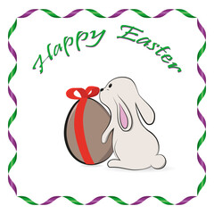 Easter bunny with a big egg with a red bow. Vector illustration.