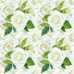 Seamless pattern. White roses with green leaves. Watercolor. For fabric or packaging paper.