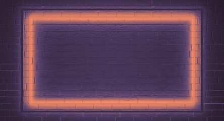 Neon rectangle frame on a brick wall. Template neon sign. Unsaturated and dark colors. Dark grunge brick wall background. 3d illustration.