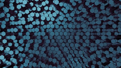 Blue hexagonal abstract background. Geometric simple objects. Hexagonal columns. 3d rendering. Sci-fi illustration. High resolution.