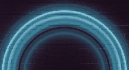 Neon circle lamps on a brick wall. Template neon sign. Blue and cold colors of lights tubes. Neon and brick wall background. 3d illustration.