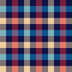 Gingham pattern in blue, red, beige. Seamless textured classic lumberjack dark check plaid for flannel shirt, skirt, gift wrapping paper, or other modern autumn winter fashion textile print.