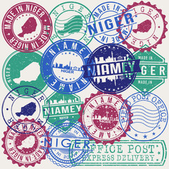 Niamey Niger Set of Stamps. Travel Stamp. Made In Product. Design Seals Old Style Insignia.
