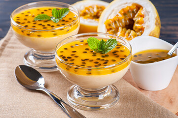 .Passion fruit mousse. Refreshing dessert with fresh passion fruit topping