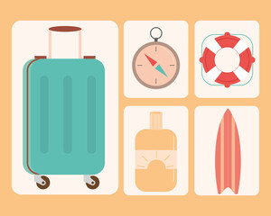 travel vacations icon set suitcase compass surfboard and sunblock