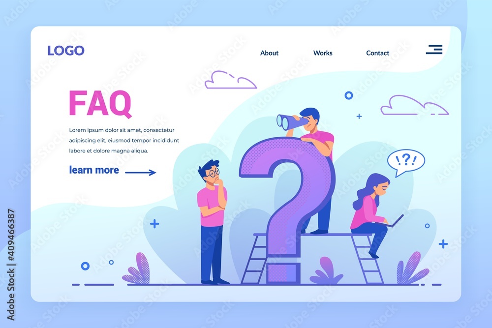 Aufkleber FAQ landing page. Online customer support service. Frequently asked questions concept. Website interface design with buttons and exclamation mark. Modern web assistance, vector colorful UI template