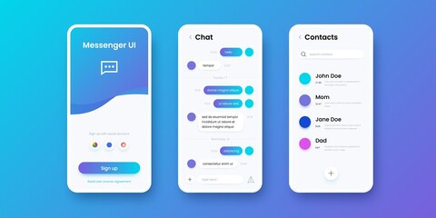 Chat app. Smartphone messenger. Communication application UI template with sign in, messaging and contacts screens. Collection of mobile interfaces design with buttons, vector modern phones set - obrazy, fototapety, plakaty