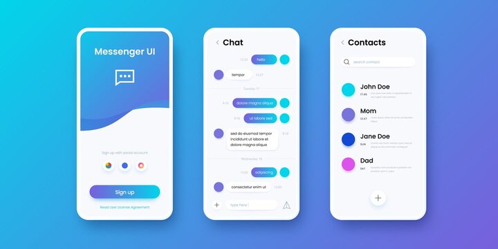 Chat app. Smartphone messenger. Communication application UI template with sign in, messaging and contacts screens. Collection of mobile interfaces design with buttons, vector modern phones set