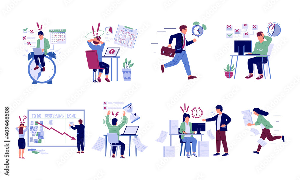 Poster time management fail. missed deadlines. cartoon stressed people with failure tasks. nervous busy emp