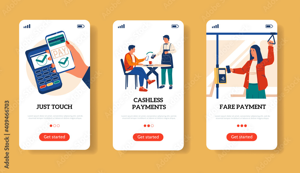 Poster online payment with phone screens. money transfer. cashless pay for purchases and travel in transpor