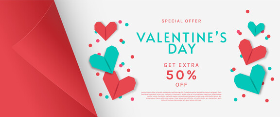 Valentine's day sale background with colorful paper heart on red paper cut. Can be used for wallpaper, flyers, invitation, posters, brochure, banners. Vector illustration.