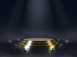 Golden pedestal. Realistic empty award or ceremony podium. Illuminated stepped platform with spotlights. Round glossy winner stage and puffs of smoke on floor. Vector dark template for presentation