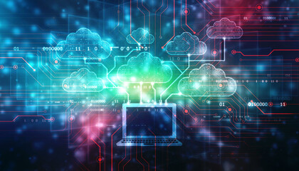 2d illustration of Cloud computing, Digital Cloud computing Concept background. Cyber technology, internet data storage, database and mobile server concept